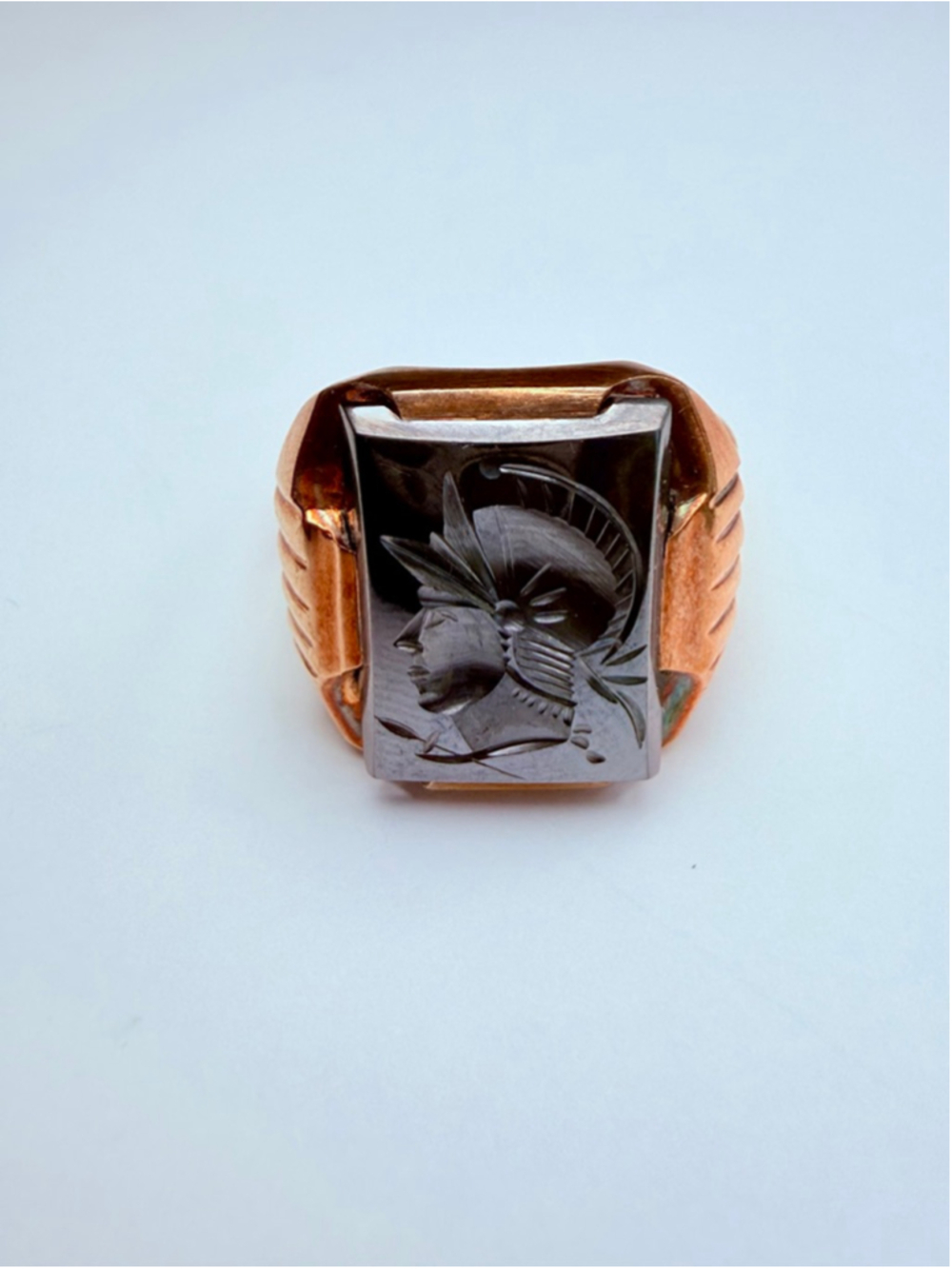 10K Solid Rose Gold Intaglio Roman Soldier Trojan Warrior Hematite Mens VTG Ring